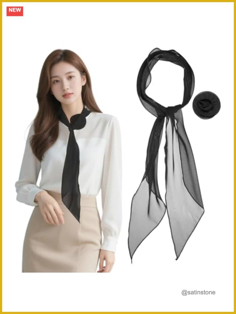 Chiffon Scarf for Women Long Skinny Neckerchief with Detachable Rose